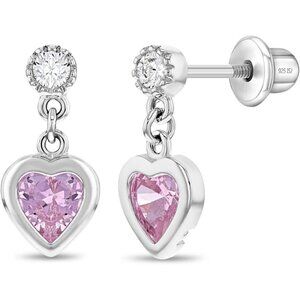 Women's Hypoallergenic Toddler Earrings Sterling Silver Girl's Pink CZ Heart